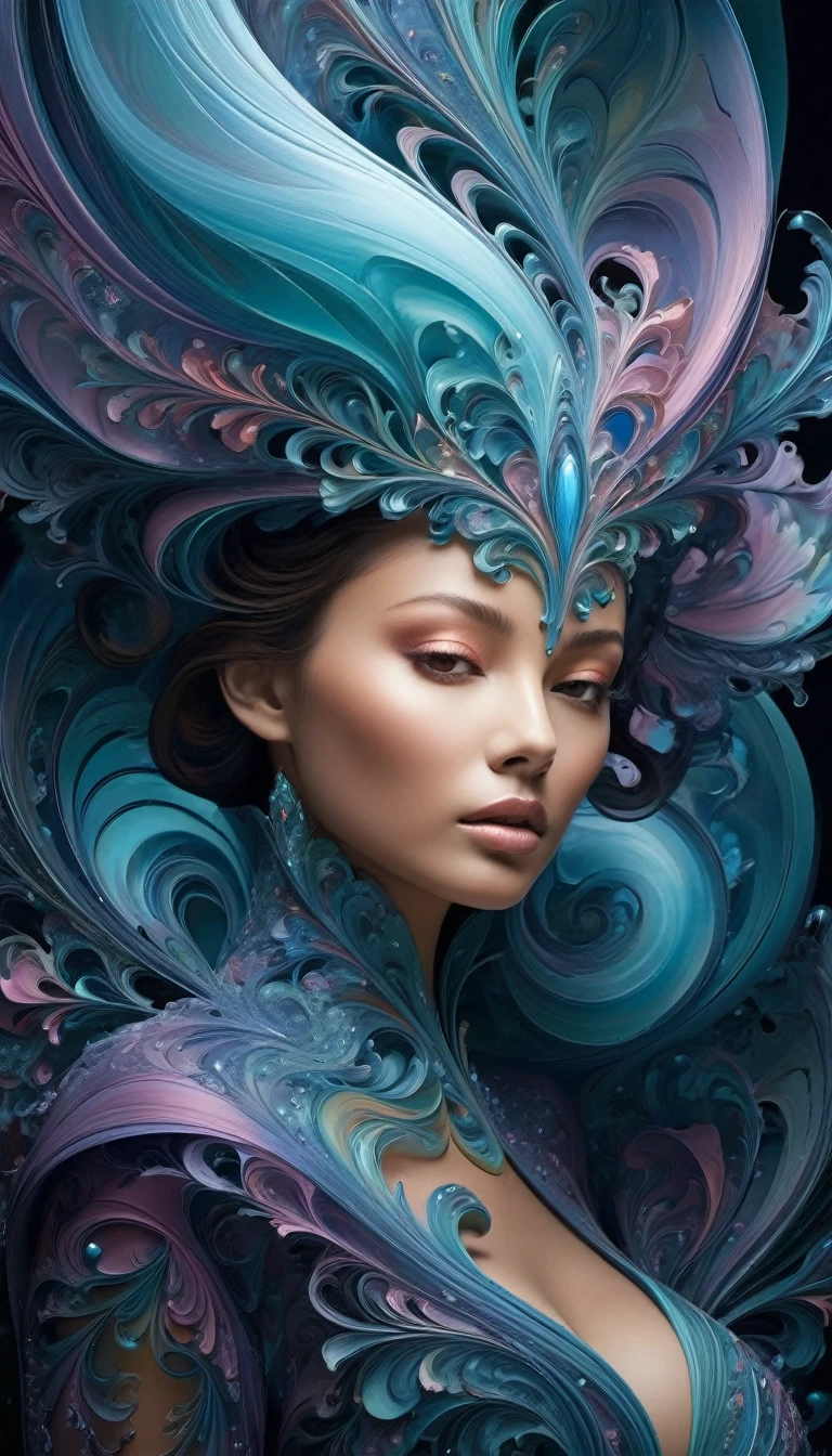 Create an abstract composition that features a dynamic play of organic and liquid shapes that evoke a sense of growth and decay. In the center, there should be a complex, fractal structure that resembles the figure of a woman, expanding outward from the center. She integrates soft, swirling shapes reminiscent of smoke or fog to add depth and movement around the central structure. Include colored shades with gradients to create volume and a three-dimensional effect. Make sure the overall tone is ethereal and otherworldly, with fine details suggesting intricate textures within the shapes.