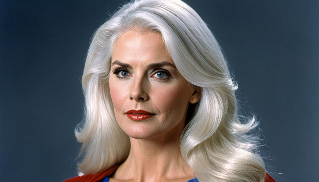 old Julie Hagerty Supergirl 80s ((White hair))); HD. Photograph, ((realism)), extremely high quality RAW photograph, ultra detailed photograph, sharp focus, high resolution, (detailed skin:1,3),high quality, film grain, Fujifilm XT3,Highly Detailed, movie, (Cinematic Photo:1.3) of (Realistic:1.3)