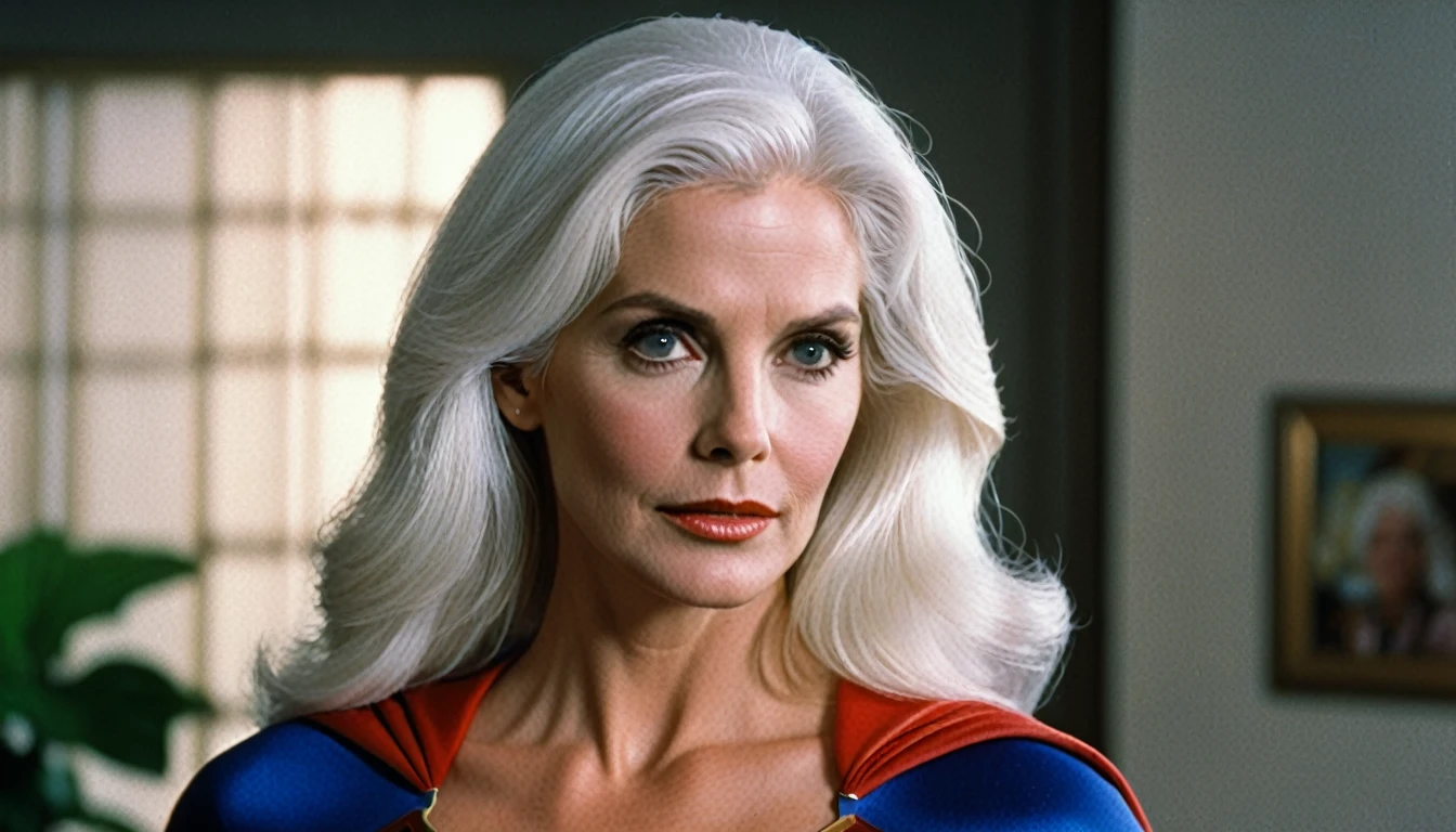 old Julie Hagerty Supergirl 80s ((White hair))); HD. Photograph, ((realism)), extremely high quality RAW photograph, ultra detailed photograph, sharp focus, high resolution, (detailed skin:1,3),high quality, film grain, Fujifilm XT3,Highly Detailed, movie, (Cinematic Photo:1.3) of (Realistic:1.3)