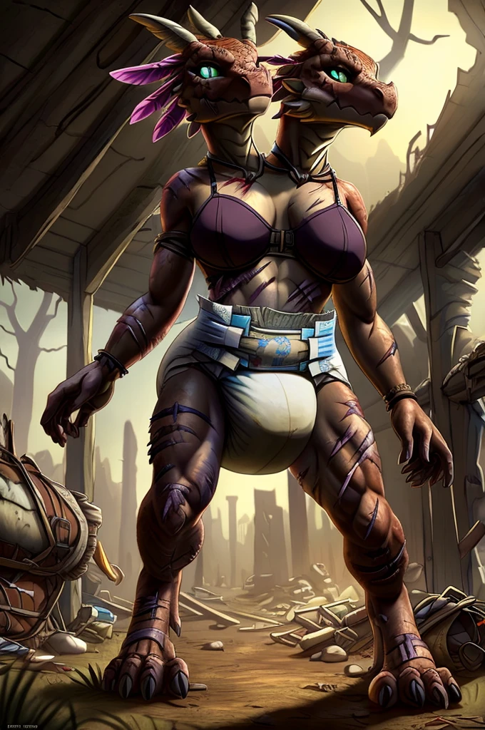 (masterpiece:1.4), (best quality:1.4), solo, knees up shot, conjoined_dicephalus, two heads, diaper, kobold, feathers, glowing veins, (scars:1.3), bra, (post apocalypse:1.2), tribal, female,