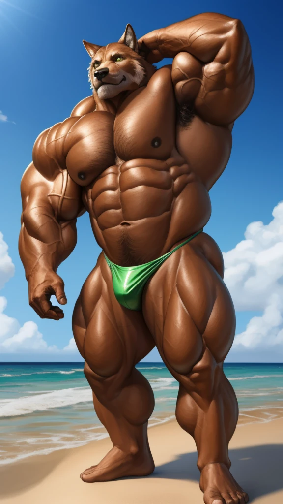 realistic, hyper realistic, detailed muscle,(furry brown wolf), good anatomy, masterpiece, art winner, beach, extremely huge muscular, massive muscular, full-body, well-muscled old man. ((extremely muscle size, super thick arms, huge pec, extremely wide pectoral , huge arms)). (green thong:1.1), and add details to make it attractive and interesting. Add textures and details to make the image more realistic, Make sure the resulting image is high resolution, 8K quality."
