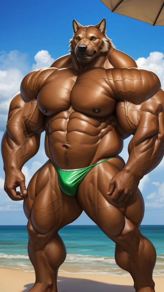 realistic, hyper realistic, detailed muscle,(furry brown wolf), good anatomy, masterpiece, art winner, beach, extremely huge muscular, massive muscular, full-body, well-muscled old man. ((extremely muscle size, super thick arms, huge pec, extremely wide pectoral , huge arms)). (green thong:1.1), and add details to make it attractive and interesting. Add textures and details to make the image more realistic, Make sure the resulting image is high resolution, 8K quality."