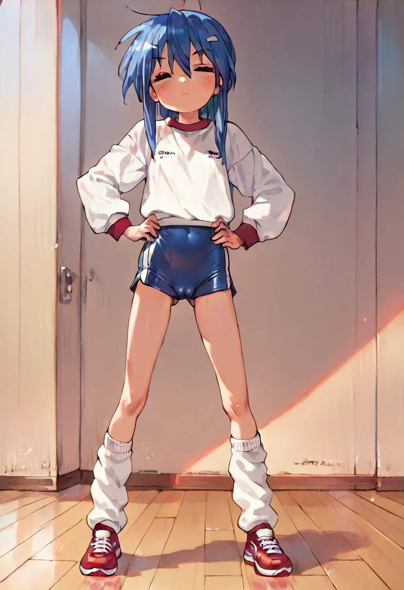 Izumi Konata, skinny, flat chest, standing, hands on hips, gymnasium backgroung,  ((loose socks, female gym uniform, red sneakers, long sleeves shirt, latex shorts, blue buruma, white shirt, cameltoe))