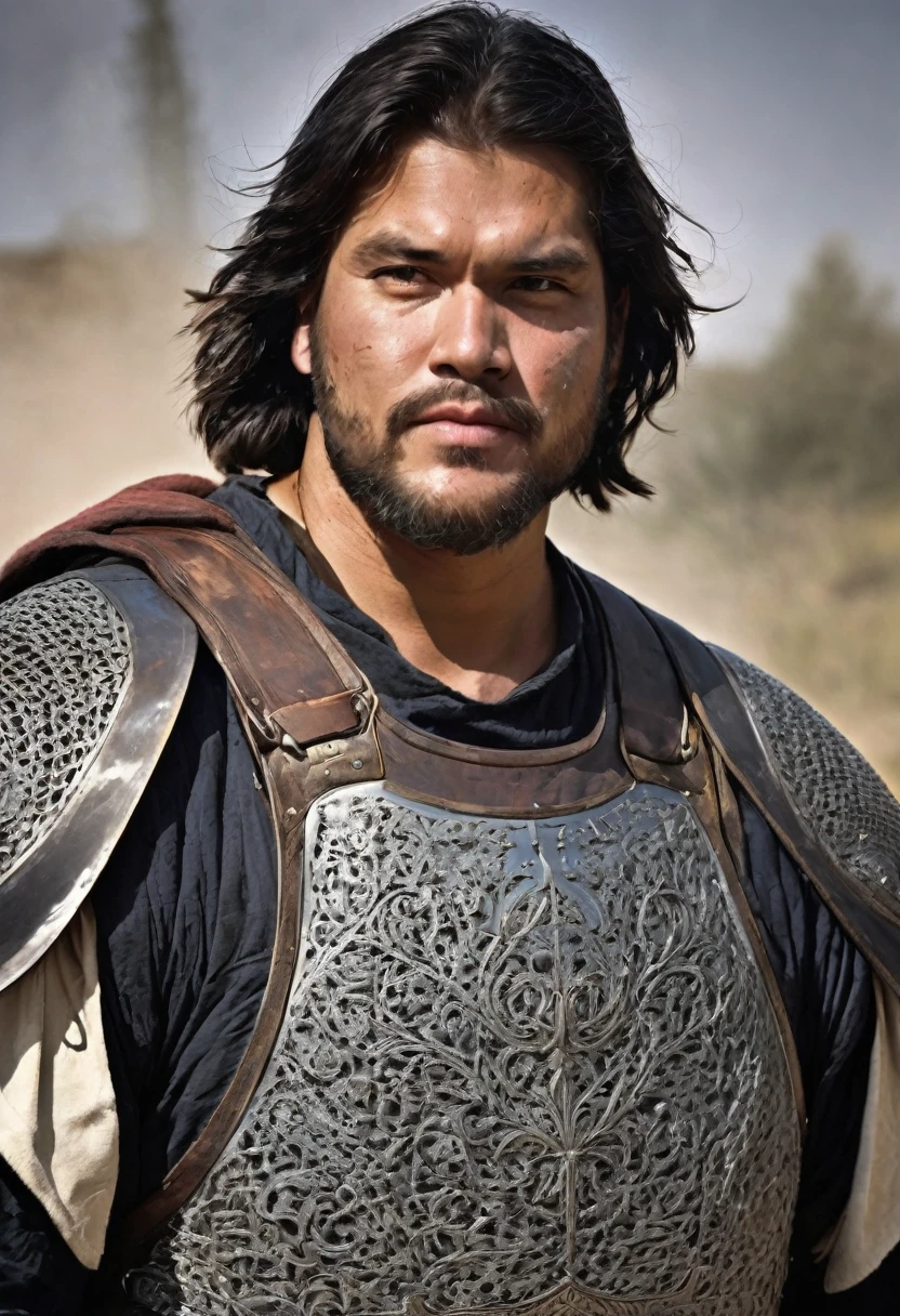 Man, 35 years, extremely tall, close to eight, massive shoulders and thick arms, weighs over 190 kilogram, no fat all of it muscles, very strong. Wears heavy thick steel plate armor, the armor is grey from use and battle-scarred, full of cuts and scratches, below the plate he wears chain-mail and boiled leather. He carries a very large sword
