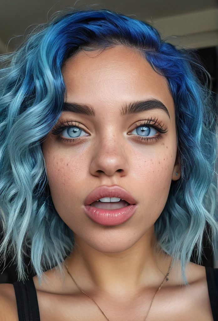 a beautiful biracial woman with blue hair and light blue eyes, make a grimace, extremely detailed facial features, beautiful detailed eyes, beautiful detailed lips, selfie portrait, photorealistic, ultra-detailed, 8k, highres, masterpiece, vivid colors, natural lighting, intricate details