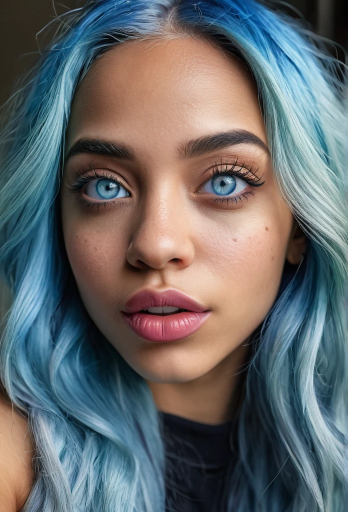 a beautiful biracial woman with blue hair and light blue eyes, make a grimace, extremely detailed facial features, beautiful detailed eyes, beautiful detailed lips, selfie portrait, photorealistic, ultra-detailed, 8k, highres, masterpiece, vivid colors, natural lighting, intricate details