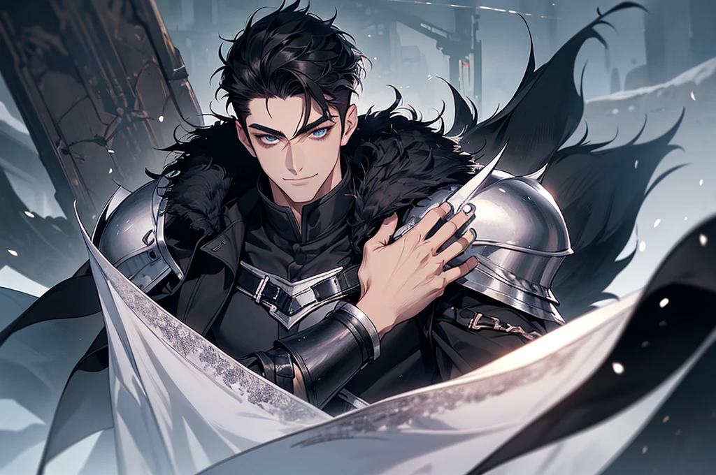 Masterpiece, Highest quality, Heavy snow, Cold Weather, realistic, 1 person, mature man, A quiet and charming young man, 30 years old, smile, gag, Portrait, Highly detailed face, 寒さとsmile, ((blue eyes)), ((black short hair)), [Thick eyebrows], battlefield, ((black long coat)), ((all black)), (blue eyes) ,Short Black Quiff Hair with Soft Fringe, handsome , muscle, Facial expressions, Black Knight Armor (Plain black armor) , black fur shawl(Masterpiece,best quality,special, (Broad shoulders)) (muscle), male focus, Hand Held Weapons (Crescent repeater),Lipo,Fang Tian Hua Ji, Face gigantic and terrifying monsters.. Describe the man&#39;s appearance., Details of his repeater, Characteristics and characteristics of monsters, and convey the tension and power of the encounter.."