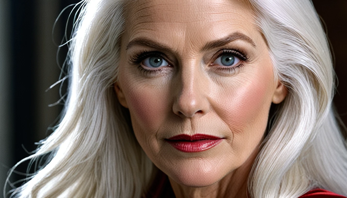 Close-up; old Julie Hagerty Supergirl (((White hair))); HD. Photograph, ((realism)), extremely high quality RAW photograph, ultra detailed photograph, sharp focus, high resolution, (detailed skin:1,3),high quality, film grain, Fujifilm XT3,Highly Detailed, movie, (Cinematic Photo:1.3) of (Realistic:1.3)