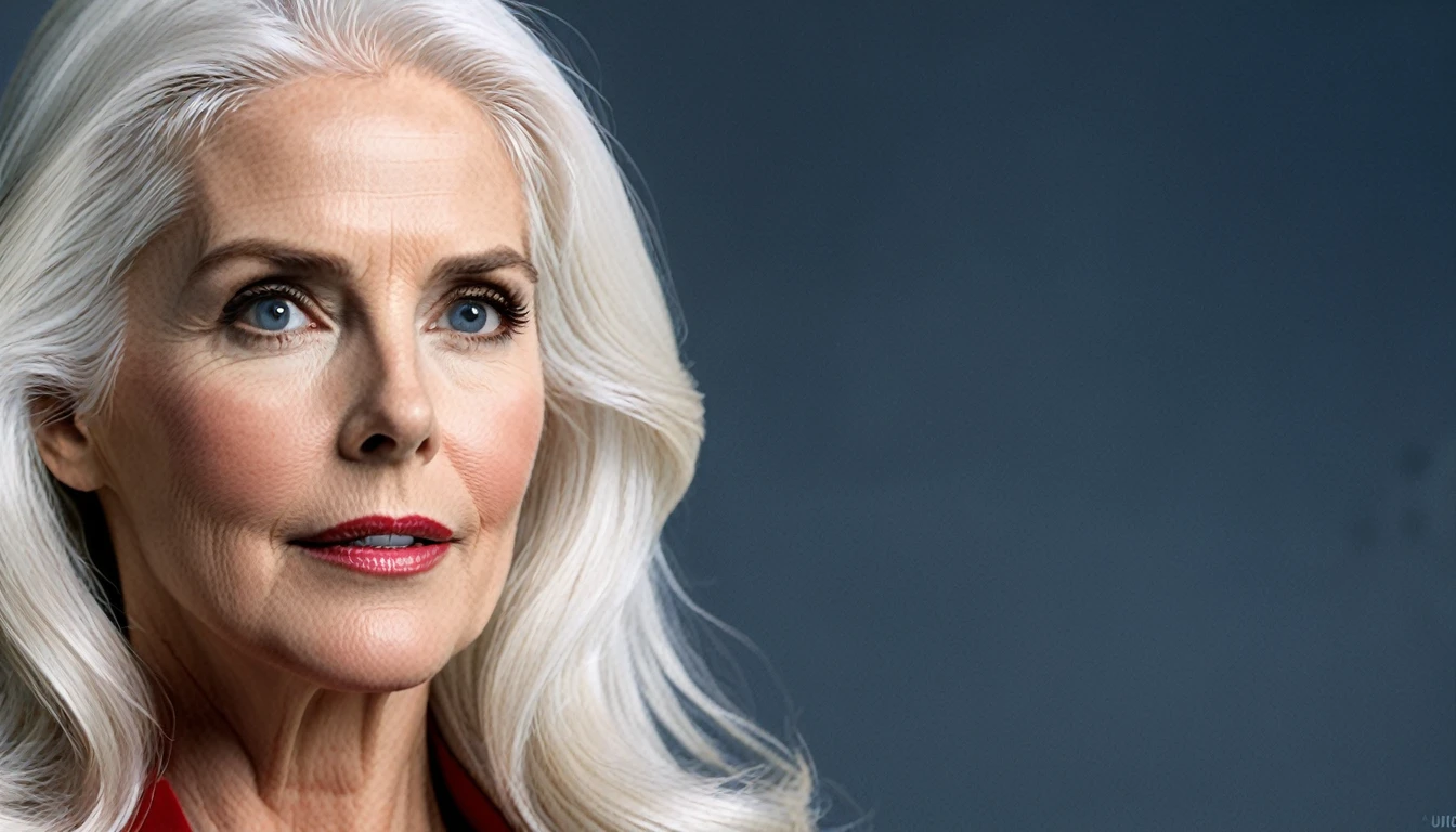Close-up; old Julie Hagerty Supergirl (((White hair))); HD. Photograph, ((realism)), extremely high quality RAW photograph, ultra detailed photograph, sharp focus, high resolution, (detailed skin:1,3),high quality, film grain, Fujifilm XT3,Highly Detailed, movie, (Cinematic Photo:1.3) of (Realistic:1.3)