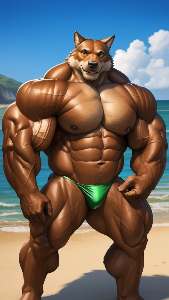 realistic, hyper realistic, detailed muscle,(furry brown wolf), good anatomy, masterpiece, art winner, beach, extremely huge muscular, massive muscular, full-body, well-muscled old man. ((extremely muscle size, super thick arms, huge pec, extremely wide pectoral , huge arms)). (green thong:1.1), and add details to make it attractive and interesting. Add textures and details to make the image more realistic, Make sure the resulting image is high resolution, 8K quality."