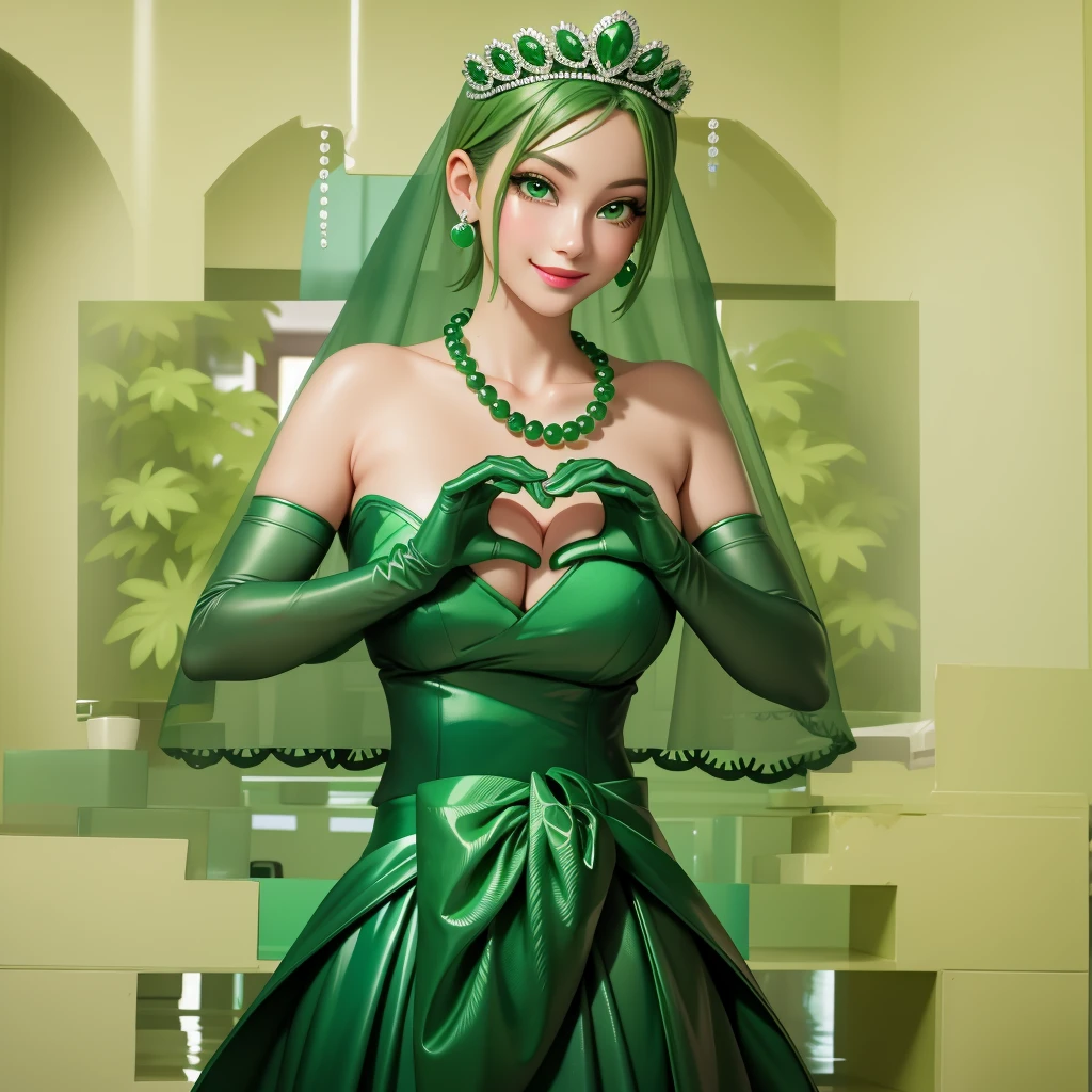 Emerald tiara, Green Pearl Necklace, ボーイッシュな非常に短いGreen Hair, Green Lips, Smiling Japanese woman, Very short hair, Busty beautiful lady, Green Eyes, Green satin long gloves, Green Eyes, Emerald Earrings, Green veil, Heart with both hands, Green Hair, Beautiful Japanese Woman, Heart shaped hands:1.3, green lip gloss