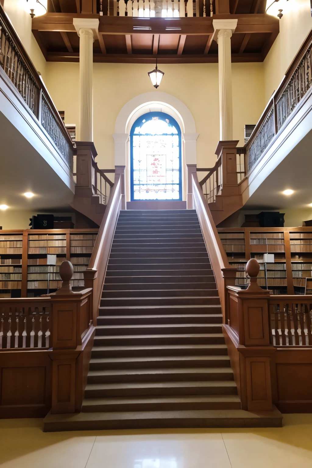 Library with stairs in the foreground,that the stairs are visible and that they have phrases of wisdom, and at the bottom of the stairs on the second floor a graduated woman.