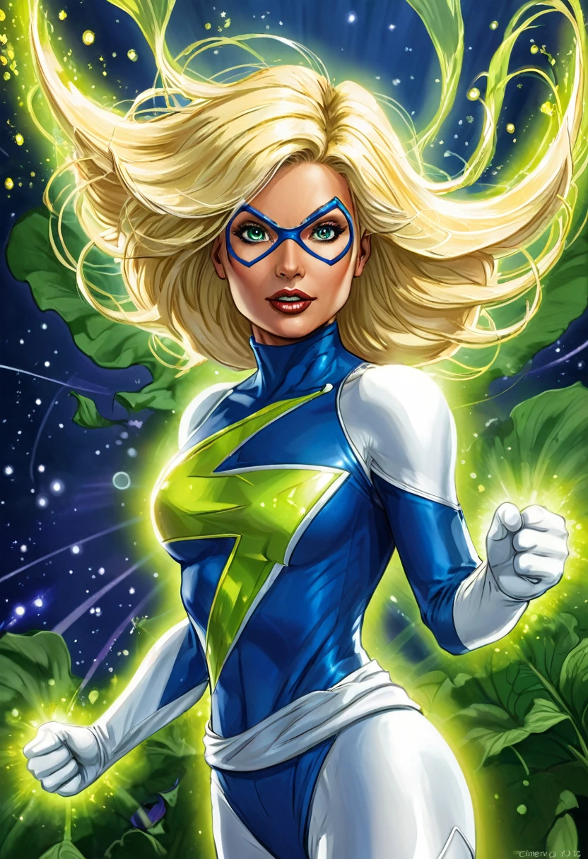 Centella has a striking appearance with short, shiny blonde hair that appears illuminated by the energy she emits.. He usually wears a bright white and blue suit that reflects the cosmic energy he controls.. His abilities include the ability to channel and project cosmic energy in the form of destructive rays or defensive barriers., as well as the ability to fly at high speed and withstand impacts that would be fatal to a normal person.. she is a woman