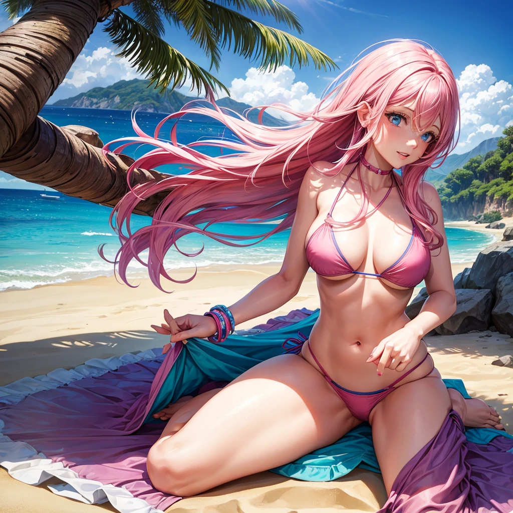 27 year old woman with pink hair and blue eyes wearing bikini on the beach