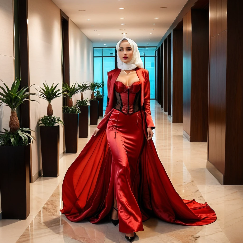 A woman secretary in the translucent red night gown, half naked, wear corset with bra expose, wear blazer,wearing satin hijab, full body,mermaid tight long gown, flowy dramatic long gown,very long flor length gown, tall women, in office lobby,wear glass, walking in a hurry,
 sexy face, sexy pose, wear high heels, masterpice, hyper realistic