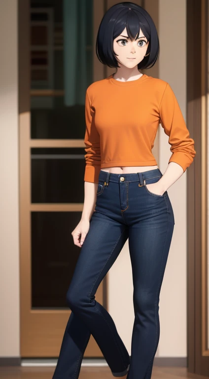 (masterpiece, best quality), sakurada, orange t shirt, long sleeves, white pants, bootcut jeans, scoop neck, indoors, caffe, Hands on hips, belly botton, blue shoes, full body, looking at the vewers, standing,