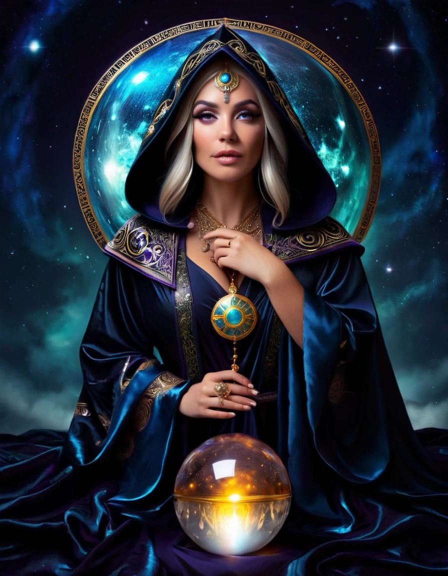 a female astrologer, robed and hooded, astrological symbols, zodiac signs, crystal ball, mystical atmosphere, dark background, dramatic lighting, ornate robes, detailed facial features, elegant hand gestures, (best quality,4k,8k,highres,masterpiece:1.2),ultra-detailed,(realistic,photorealistic,photo-realistic:1.37),intricate patterns,occult symbols,moody colors,dramatic chiaroscuro lighting