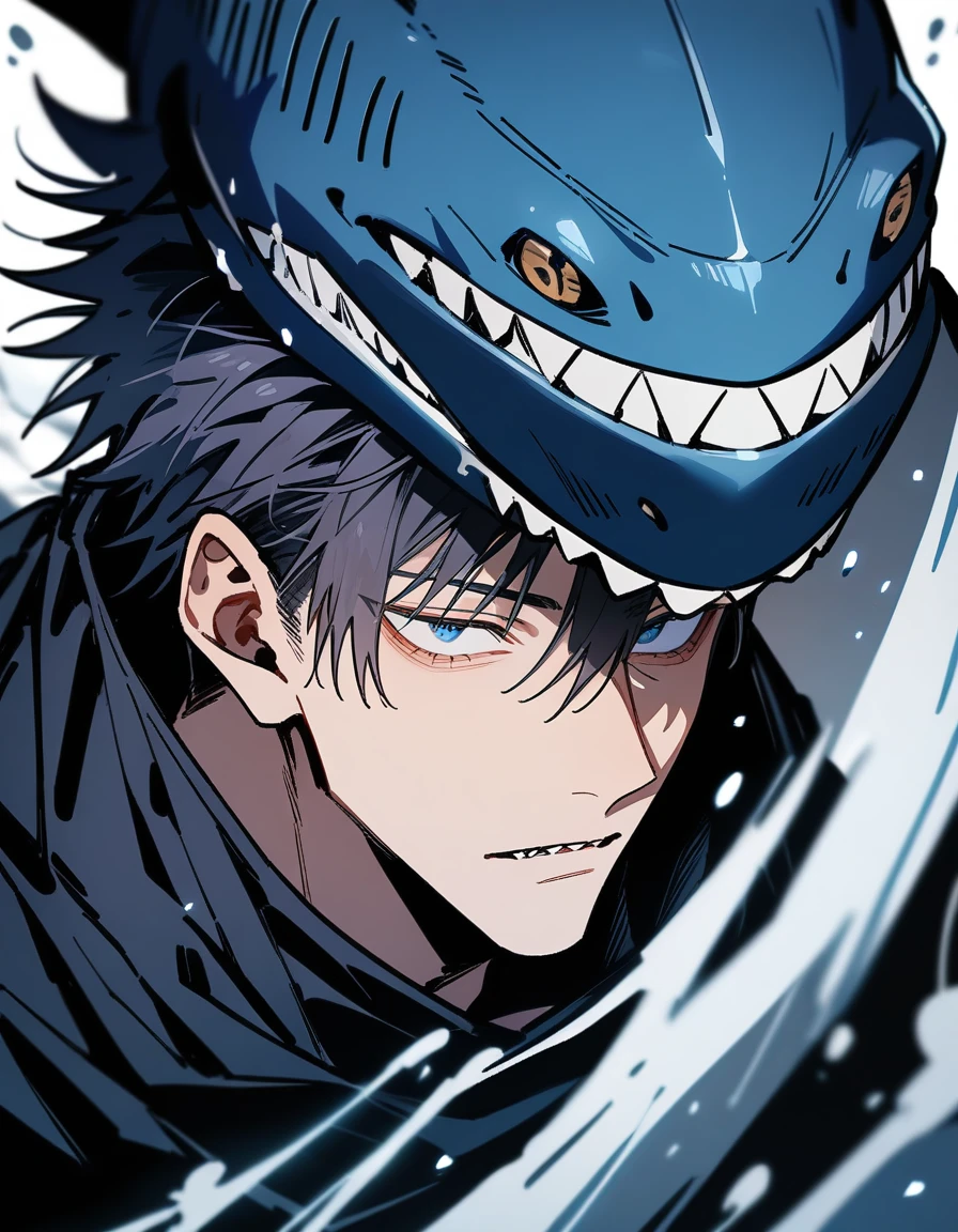 ( boy,jujutsu kaisen), male focus, shark hybrid, dark blue eye color, masterpiece, best quality, high quality, upper body, male focus
