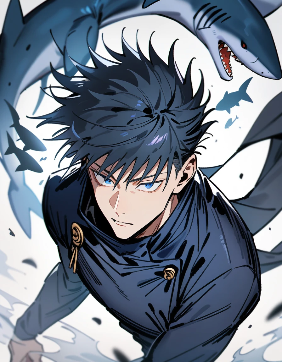 ( boy,jujutsu kaisen), male focus, shark hybrid, dark blue eye color, masterpiece, best quality, high quality, upper body, male focus