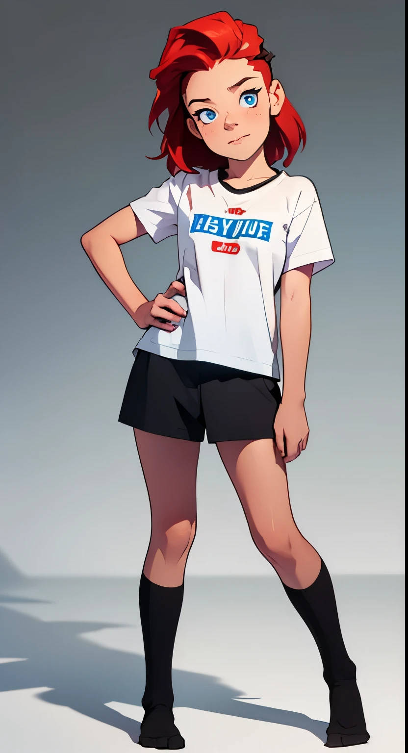 Fmasterpiece, best quality, full body,1girl,the highest image quality, 14-year-old kid, looks like Olivia Dunne, bright red hair, blue eyes, wearing a oversized tee and black tigh high socks, small breasts, White background, empty background whole body , neutral pose, happy expression