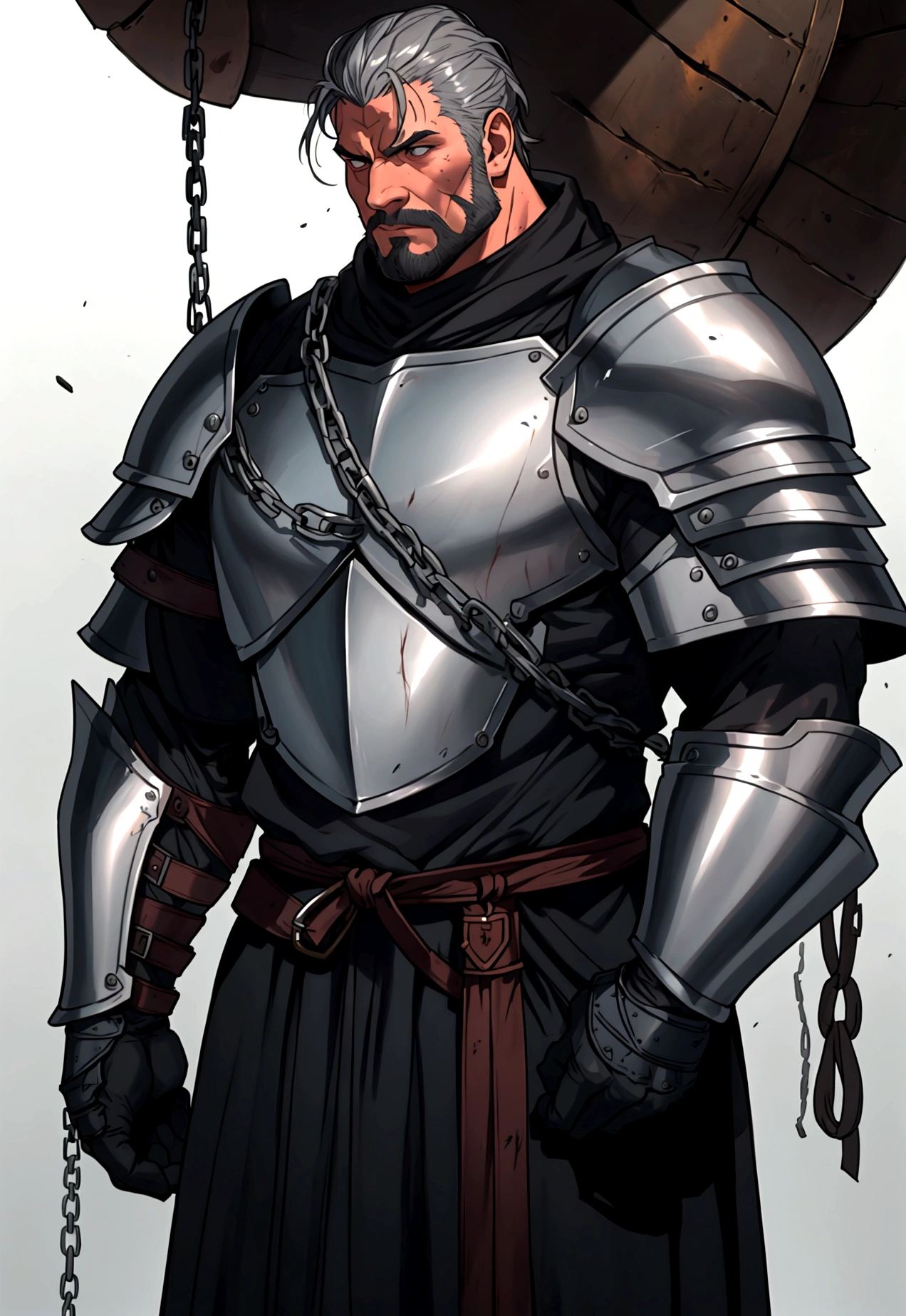 Man, 35 years, extremely tall, close to eight, massive shoulders and thick arms, weighs over 190 kilogram, no fat all of it muscles, very strong. Wears heavy thick steel plate armor, the armor is grey from use and battle-scarred, full of cuts and scratches, below the plate he wears chain-mail and boiled leather. He carries a very large sword