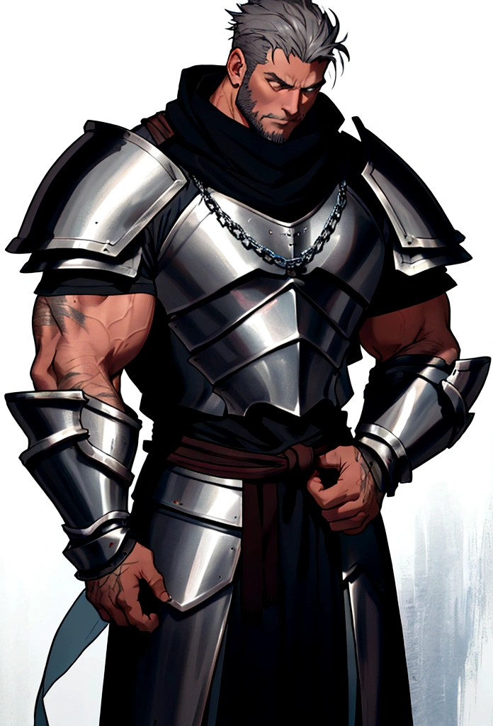 Man, 35 years, extremely tall, close to eight, massive shoulders and thick arms, weighs over 190 kilogram, no fat all of it muscles, very strong. Wears heavy thick steel plate armor, the armor is grey from use and battle-scarred, full of cuts and scratches, below the plate he wears chain-mail and boiled leather. He carries a very large sword