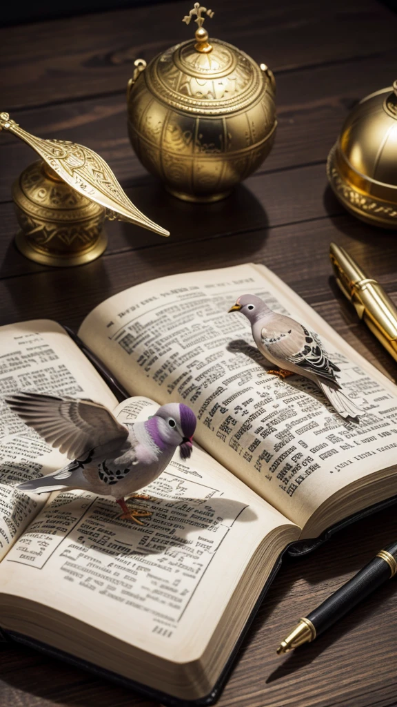 Create a golden Bible with a pigeon floating