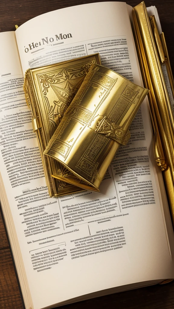 Create a golden Bible with a pigeon floating