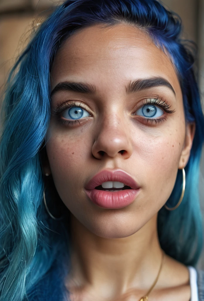 a beautiful biracial woman with blue hair and light blue eyes, make a grimace, squint her eyes, extremely detailed facial features, beautiful detailed eyes, beautiful detailed lips, selfie portrait, photorealistic, ultra-detailed, 8k, highres, masterpiece, vivid colors, natural lighting, intricate details