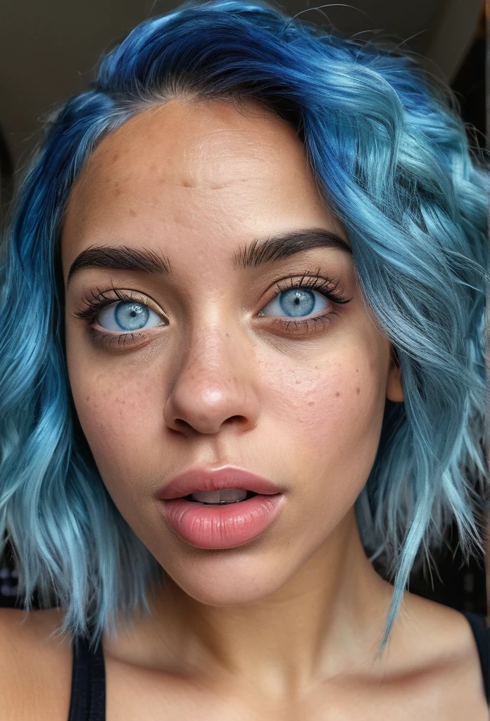 a beautiful biracial woman with blue hair and light blue eyes, make a grimace, squint her eyes, extremely detailed facial features, beautiful detailed eyes, beautiful detailed lips, selfie portrait, photorealistic, ultra-detailed, 8k, highres, masterpiece, vivid colors, natural lighting, intricate details