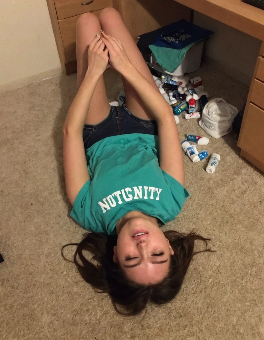 wide angle, high angle, photo taken with an iPhone 6, 18yo, brunette, woman toned, Laying on the floor on her back, shaved vagina, Drunk, Passed out, Intoxicated, (drugged), (She has been given sleeping pills), establishing-action-shot of a motionless_nubile-toned-sorority-girl with nice-abs is being, (date_raped), after_dark late at night, wearing a sorority t-shirt, exposing her late at night in a dormroom, papers, desk, bed, laundry on the floor, drunk, (camera flash illuminates the foreground), forcibly-defiled, non-consensual-sex, forced-sex, groping, immoral-defiling, violated, grabbing, interracial sexual violation, very, focused, flash, photo, flashlight,