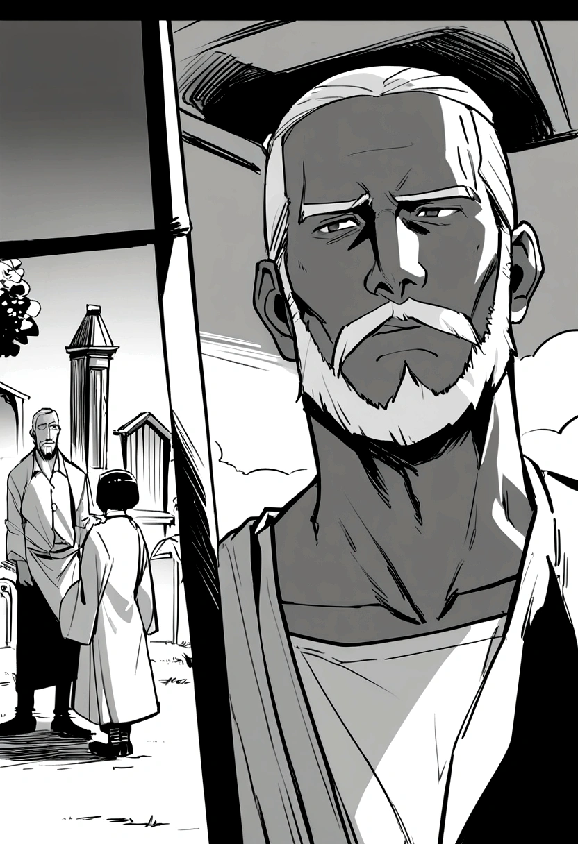 black and white manga style, 45 year old man with Peruvian features, physically attractive, with beard and short hair, wearing janitor clothes in a cemetery while kissing a girl with short hair