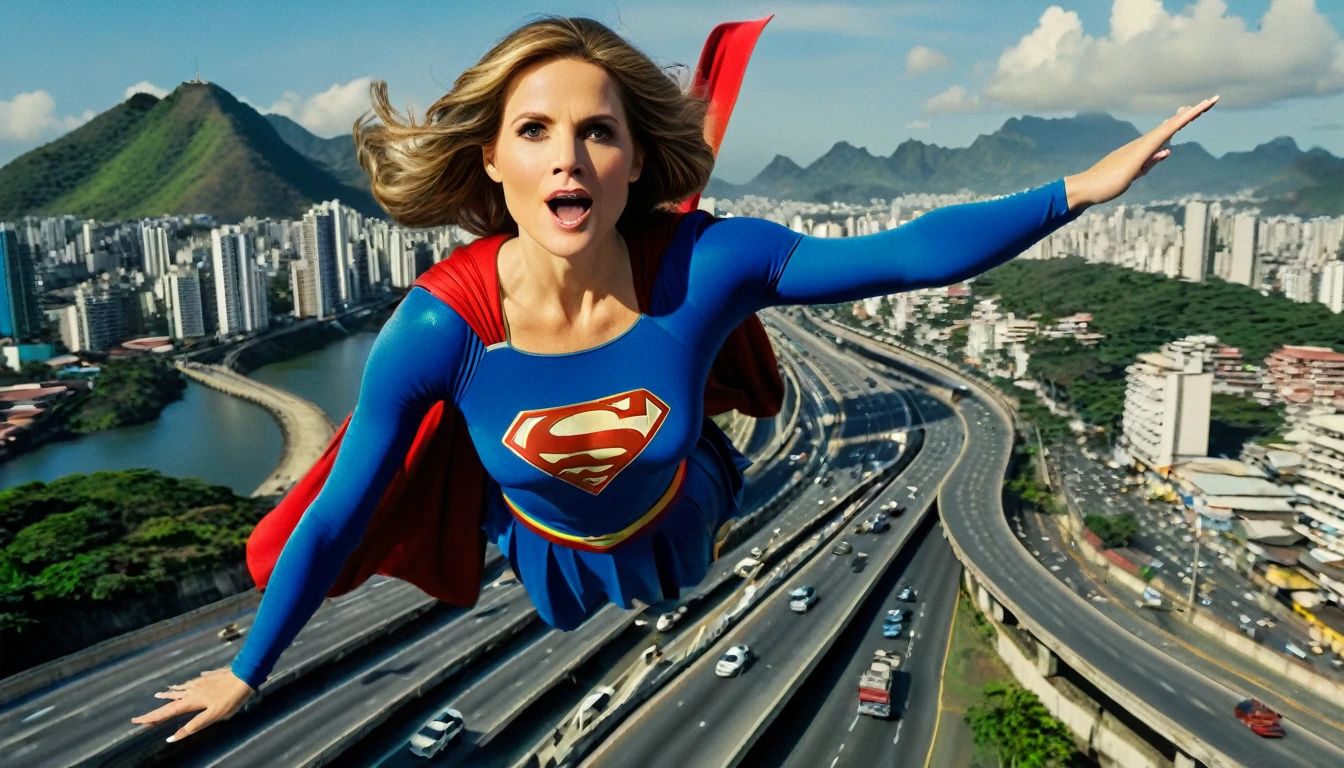 panoramic view; flying with determination; faster than a jet; Julie Hagerty((without glasses))) Supergirl 1984s costume (((50 years old; short hair))); determined, confident, imposing woman; airbender; floating above the Rio de Janeiro 2024 highway(((Região dos Lagos))); (heavy traffic; satellite view); superhero pose flying through the skies