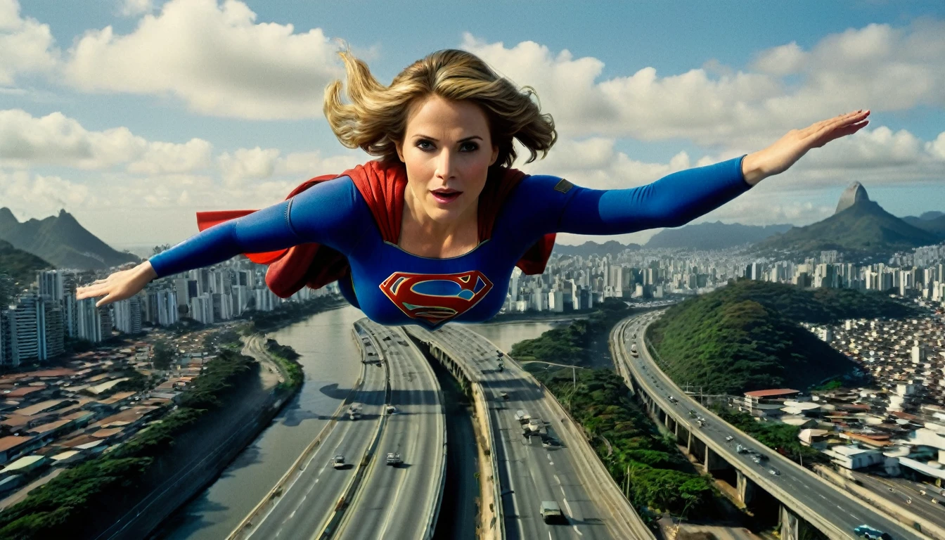 panoramic view; flying with determination; faster than a jet; Julie Hagerty((without glasses))) Supergirl  1984s costume (((50 years old; short hair))); determined, confident, imposing woman; airbender; floating above the Rio de Janeiro 2024 highway(((Região dos Lagos))); (heavy traffic; satellite view); superhero pose flying through the skies 