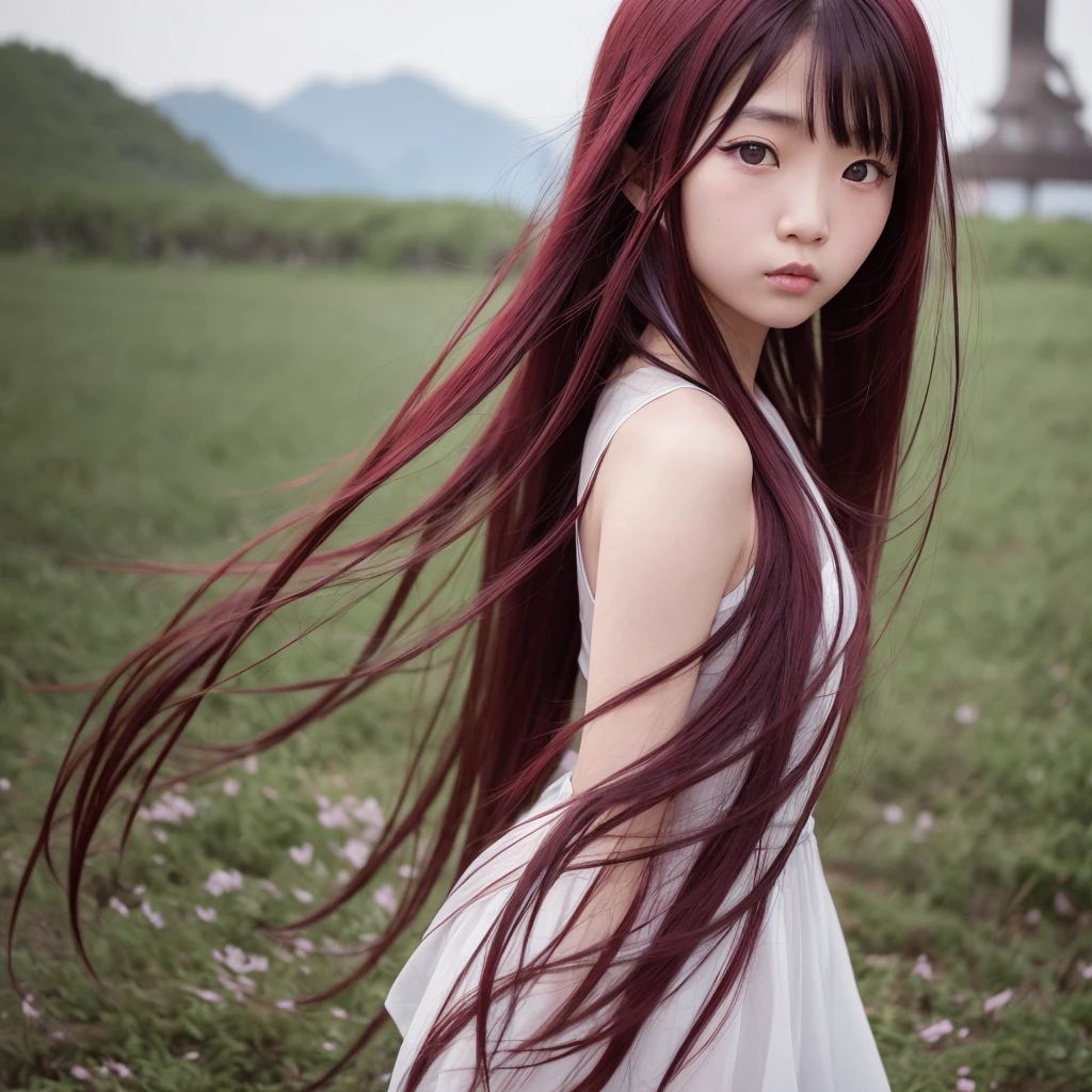 An Asian alone girl with bright black color eyes, with long red hair.