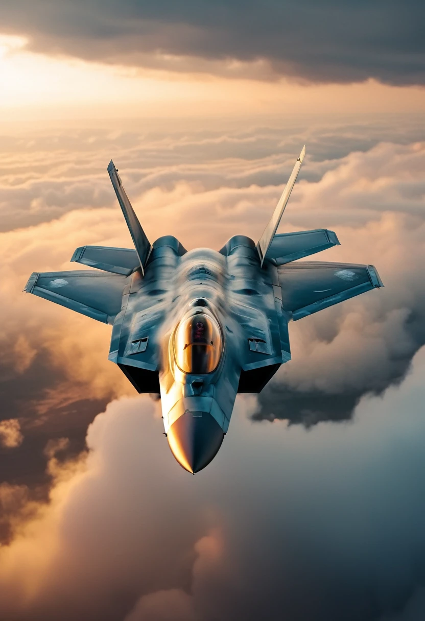 F-22 Raptor Fighter plane flying through cloudy sky, cinematic action camera, exciting epic action camera, masterpiece quality wallpaper, sharp details (masterpiece:1.2) (photorealistic:1.2) (bokeh) (best quality) (intricate) (8k) (HDR) (cinematic lighting) (sharp focus)
