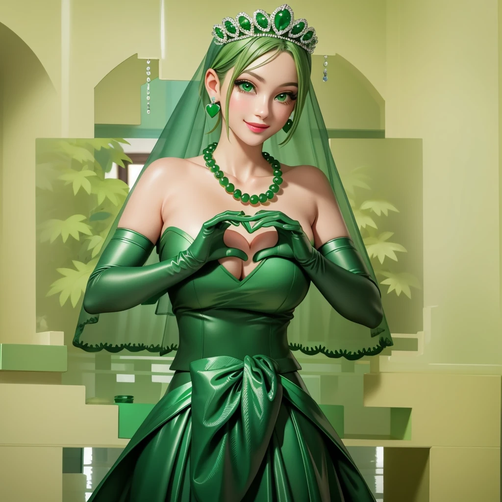 Emerald tiara, Green Pearl Necklace, ボーイッシュな非常に短いGreen Hair, Green Lips, Smiling Japanese woman, Very short hair, Busty beautiful lady, Green Eyes, Green satin long gloves, Green Eyes, Emerald Earrings, Green veil, Heart with both hands, Green Hair, Beautiful Japanese Woman, Heart shaped hands:1.3, green lip gloss
