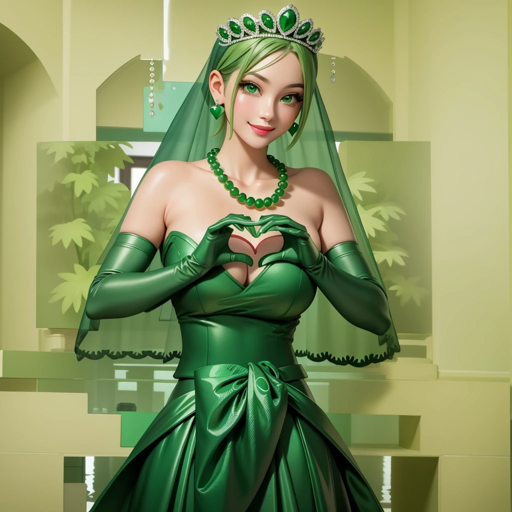 Emerald tiara, Green Pearl Necklace, ボーイッシュな非常に短いGreen Hair, Green Lips, Smiling Japanese woman, Very short hair, Busty beautiful lady, Green Eyes, Green satin long gloves, Green Eyes, Emerald Earrings, Green veil, Heart with both hands, Green Hair, Beautiful Japanese Woman, Heart shaped hands:1.3, green lip gloss
