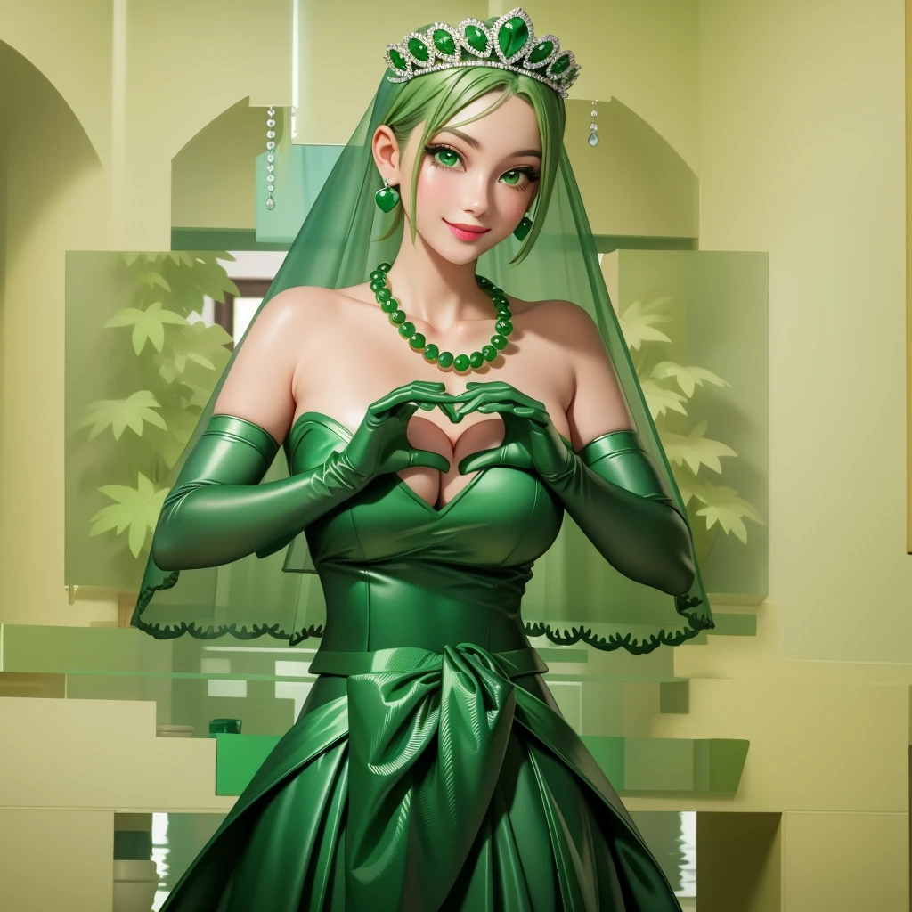Emerald tiara, Green Pearl Necklace, ボーイッシュな非常に短いGreen Hair, Green Lips, Smiling Japanese woman, Very short hair, Busty beautiful lady, Green Eyes, Green satin long gloves, Green Eyes, Emerald Earrings, Green veil, Heart with both hands, Green Hair, Beautiful Japanese Woman, Heart shaped hands:1.3, green lip gloss