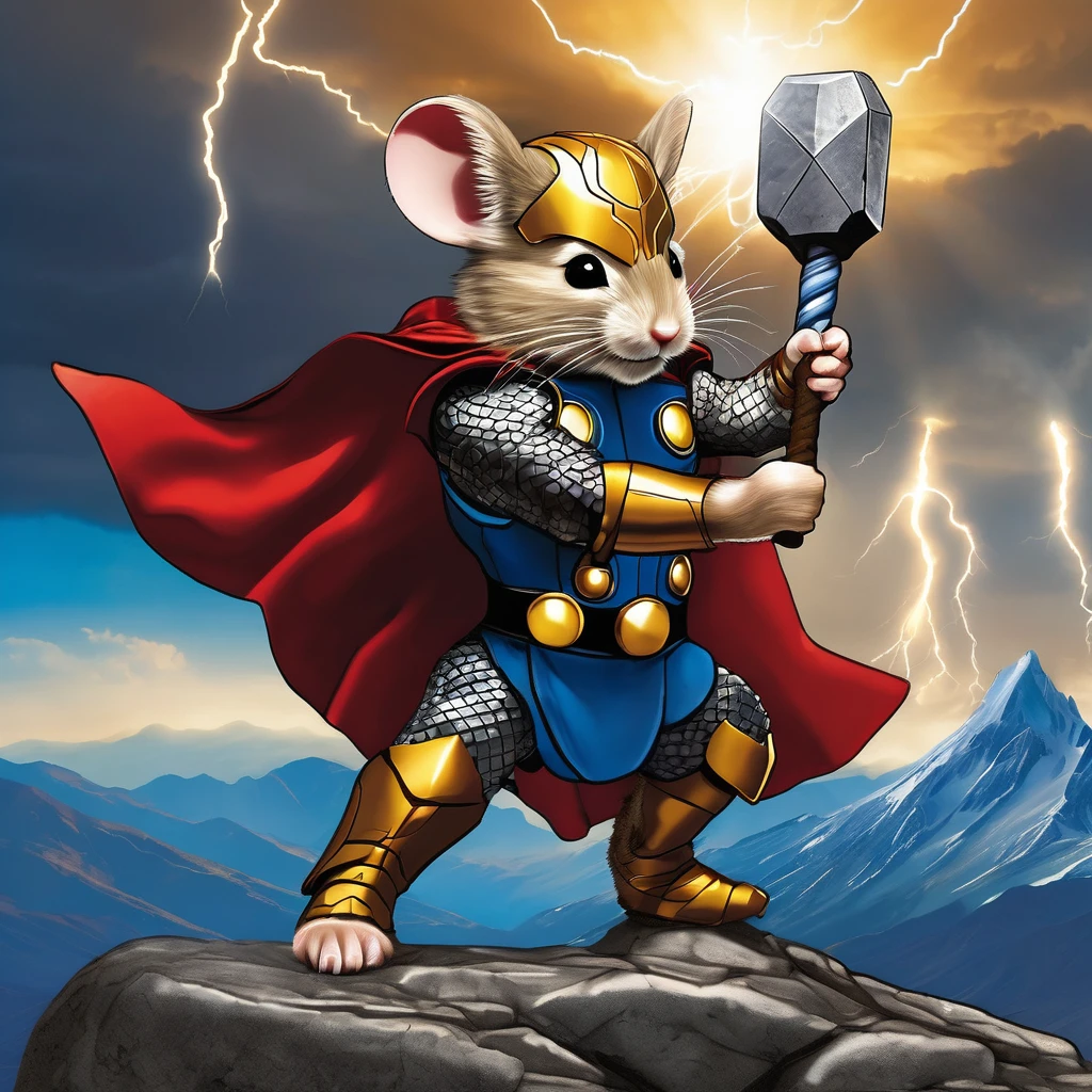 This image shows a mouse dressed up as the Marvel superhero Thor. The mouse is standing on a rocky outcrop, holding Thor's iconic hammer Mjolnir with sparkling effect sun rays dark clouds wearing a costume that resembles Thor's outfit, including a red cape, blue tunic, and gold accents.

The background depicts a dramatic stormy sky with lightning, fitting for Thor's association with thunder. Mountains can be seen in the distance, creating an epic landscape setting 