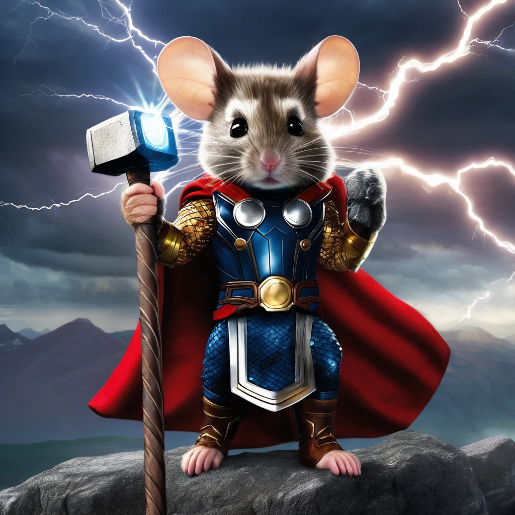 This image shows a mouse dressed up as the Marvel superhero Thor. The mouse is standing on a rocky outcrop, holding Thor's iconic hammer Mjolnir with sparkling effect sun rays dark clouds wearing a costume that resembles Thor's outfit, including a red cape, blue tunic, and gold accents.
The background depicts a dramatic stormy sky with lightning, fitting for Thor's association with thunder. Mountains can be seen in the distance, creating an epic landscape setting
