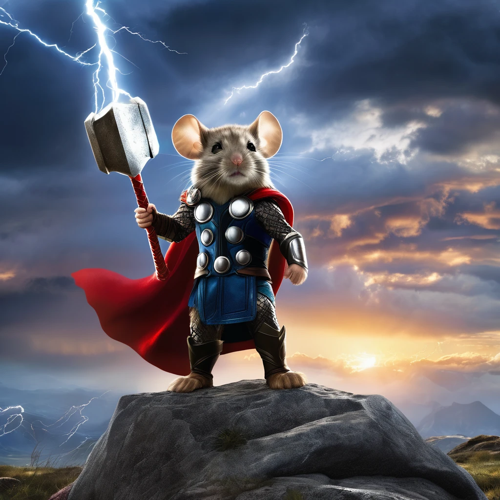 This image shows a mouse dressed up as the Marvel superhero Thor. The mouse is standing on a rocky outcrop, holding Thor's iconic hammer Mjolnir with sparkling effect sun rays dark clouds wearing a costume that resembles Thor's outfit, including a red cape, blue tunic, and gold accents.
The background depicts a dramatic stormy sky with lightning, fitting for Thor's association with thunder. Mountains can be seen in the distance, creating an epic landscape setting