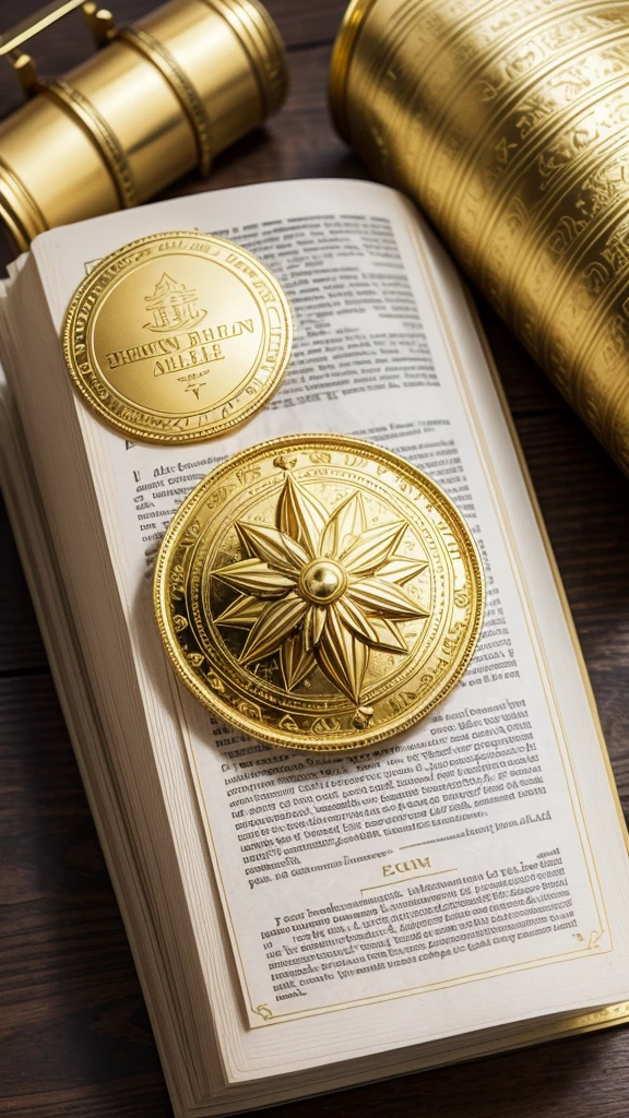 Create a golden Bible with a pigeon floating