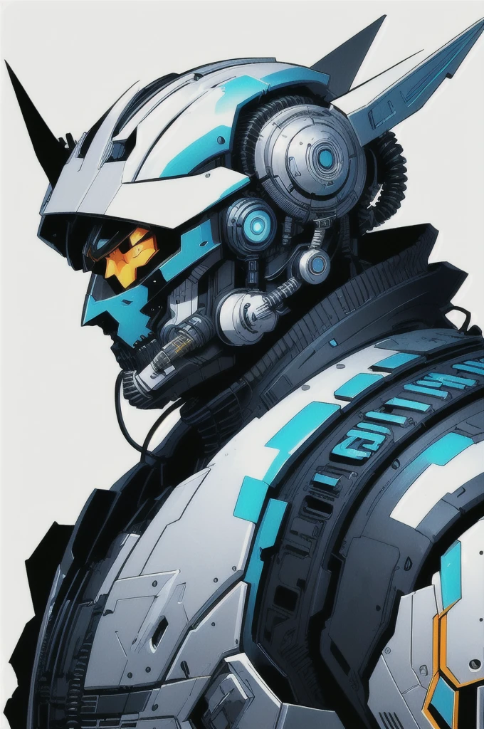 cyberpunk cyborg robitic made by router, , orange body, neon lights, solid white backround, helmet, (artwork by Masamune Shirow:1.2), (manga style:1.2), (detailed:1.2), (sharp:1.2), (realistic:1.2), (cool:1.2)