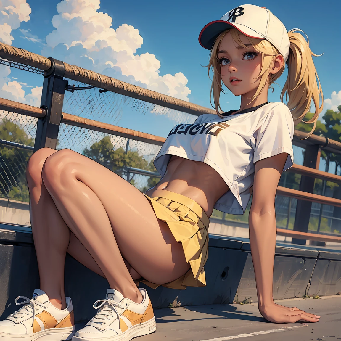 ((best quality)), ((masterpiece)), (detailed), 1girl, solo, blonde hair, (tan skin), medium breasts, shirt, midriff, pleated skirt, pony tail, baseball cap, sneakers, cute, outdoors,