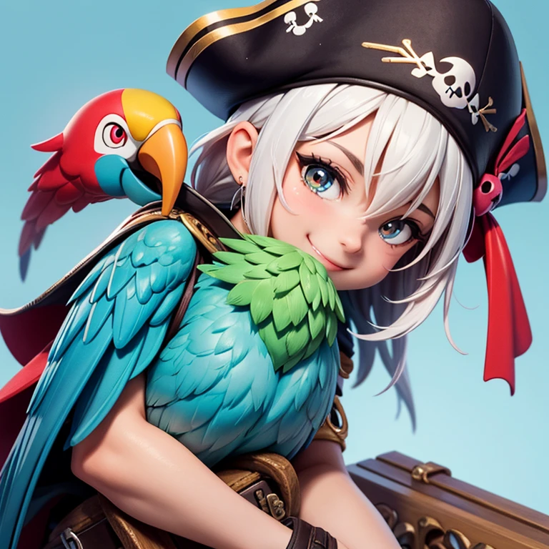 The image features a stylized emoji with a smiling face, wearing a pirate hat with a skull and crossbones symbol on it. On top of the hat, there is a parrot perched, adding to the pirate theme. The emoji has a cheerful expression with rosy cheeks and a wide smile. The background is a solid, light blue color, which contrasts with the emoji and makes it stand out.