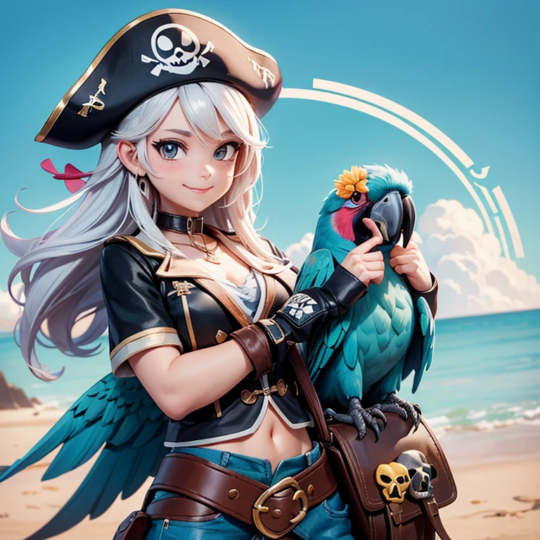 The image features a stylized emoji with a smiling face, wearing a pirate hat with a skull and crossbones symbol on it. On top of the hat, there is a parrot perched, adding to the pirate theme. The emoji has a cheerful expression with rosy cheeks and a wide smile. The background is a solid, light blue color, which contrasts with the emoji and makes it stand out.