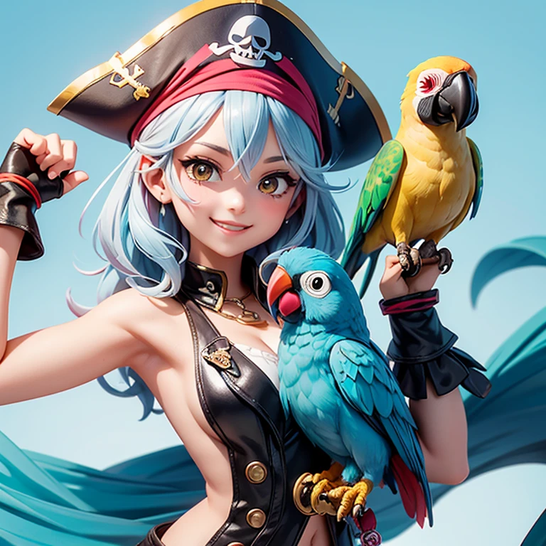 The image features a stylized emoji with a smiling face, wearing a pirate hat with a skull and crossbones symbol on it. On top of the hat, there is a parrot perched, adding to the pirate theme. The emoji has a cheerful expression with rosy cheeks and a wide smile. The background is a solid, light blue color, which contrasts with the emoji and makes it stand out.