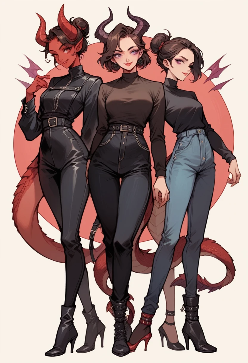 Tall woman, cheeky smile, brunette, hair gathered in a low bun, strands on the sides of face, red and black clothes, purple eyes, many red details, dragon tail and horns, belts, pants, light lipstick, high heels leather boots