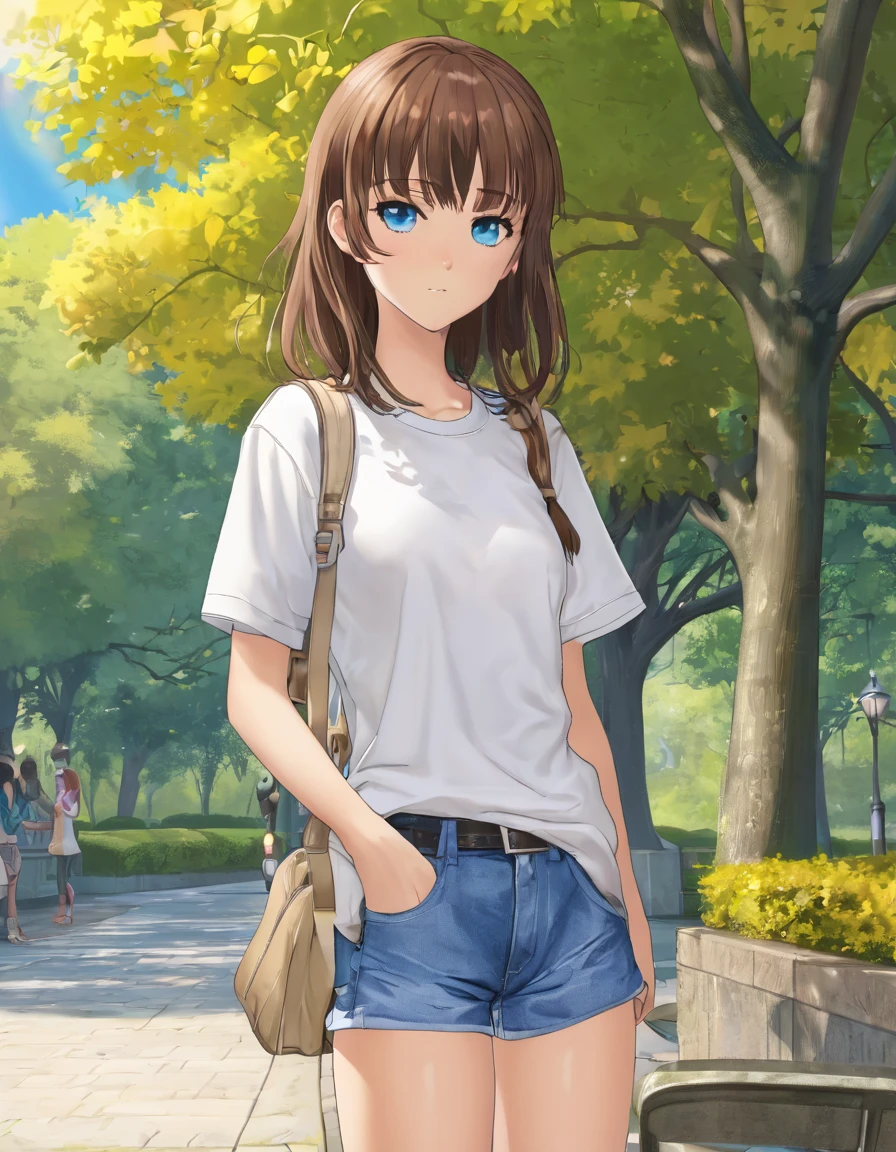 BREAK Perfect Anatomy、(High resolution:1.2)、Incredible illustrations、(Cute illustrations:1.2)、
(nsfw)(hip focus,) （Beautiful background（bushes in the park))
1girl((brown hair,asymmetric bangs, tanned skin: 1.3,blue eyes,fang)1girl((a girl,slender 1.7meters, 45kg, (( T-shirt, hot pants,thigh-high socks,
sandals),clothes lift  T-shirt,bottomless,))(heavy breathing:1.3 ,vulgarity:1.6 ,pussy juice),open stance,